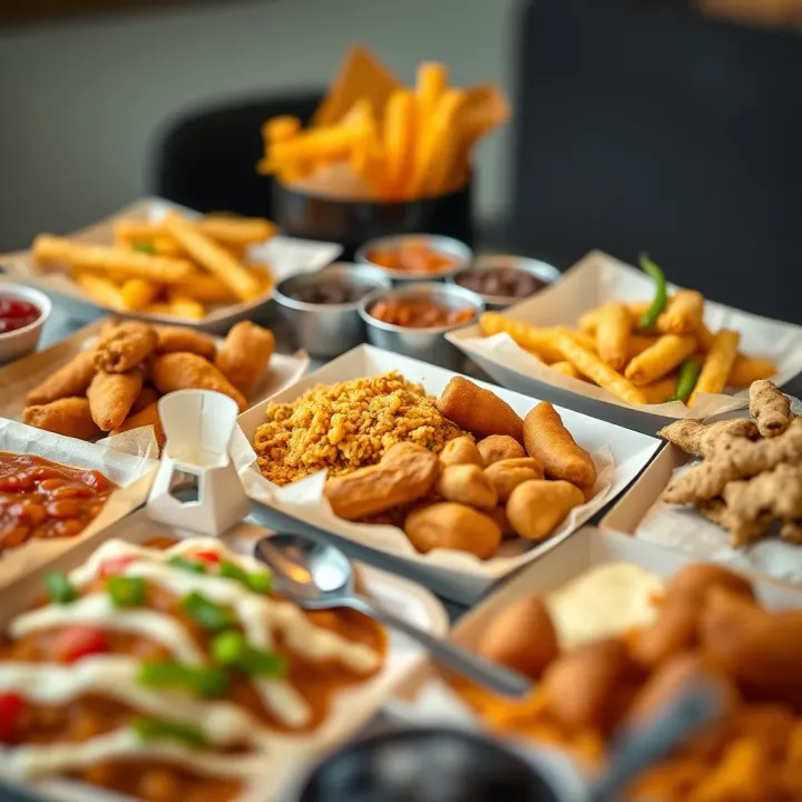 Popular Affordable Nigerian Fast Food Combo Plates An assortment of affordable Nigerian fast food combo plates showcasing jollof rice, beans, and fried snacks