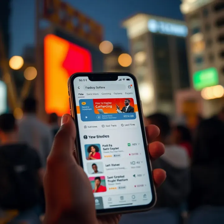 Mobile phone screen displaying a freelancing platform with job listings relevant for Nigerian students
