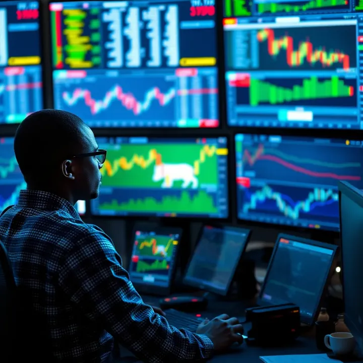 Conceptual graphic showing a trader analyzing market data on multiple screens with Nigerian flag colors