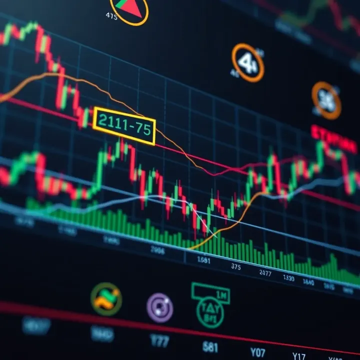 Graph illustrating binary options trading strategy with risk management overlays on Volatility 75 Index data