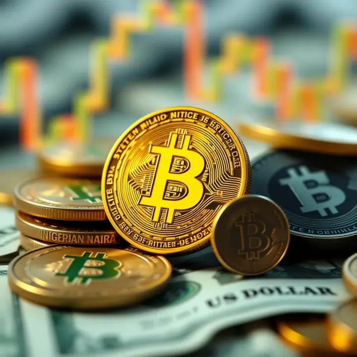 Illustration of Bitcoin symbol with Nigerian Naira and US dollar currency icons