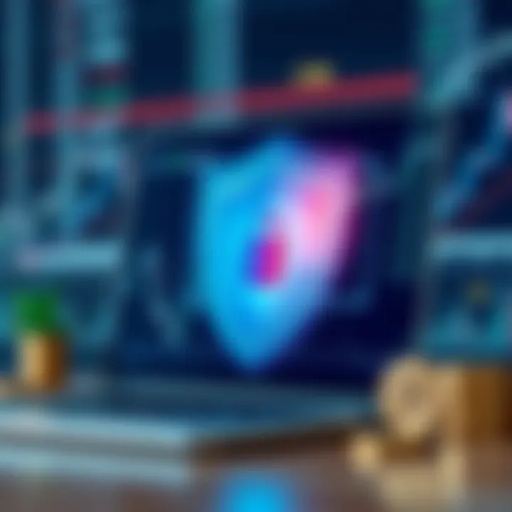 Secure online trading concept with shield symbol and digital currency icons