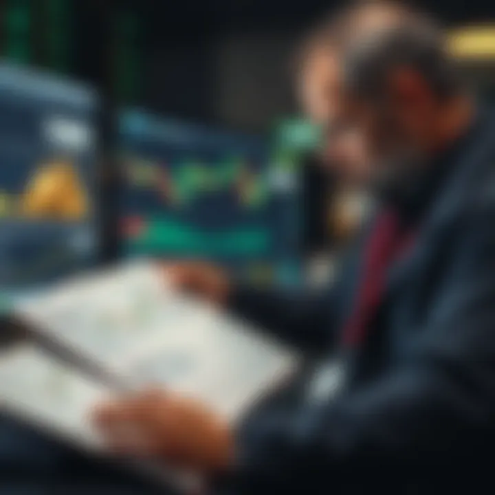 Conceptual illustration showing a trader analyzing a book and digital charts for technical analysis strategies