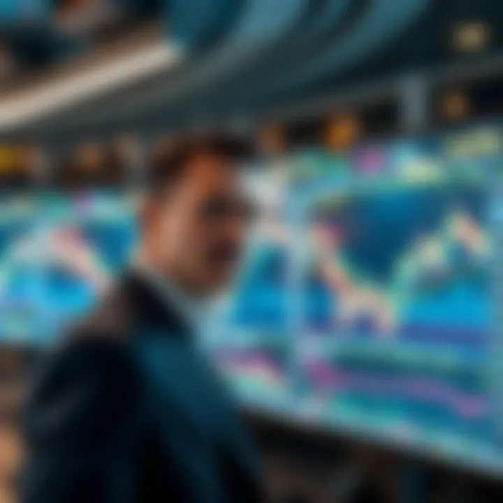 Dynamic financial trading screens with stock market graphs and charts reflecting market trends
