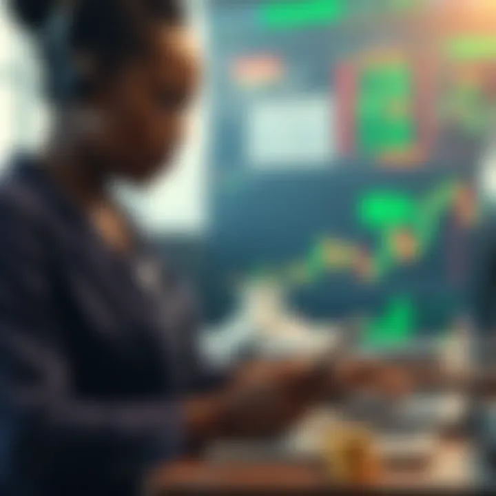Female bitcoin trader analyzing cryptocurrency market trends on digital devices