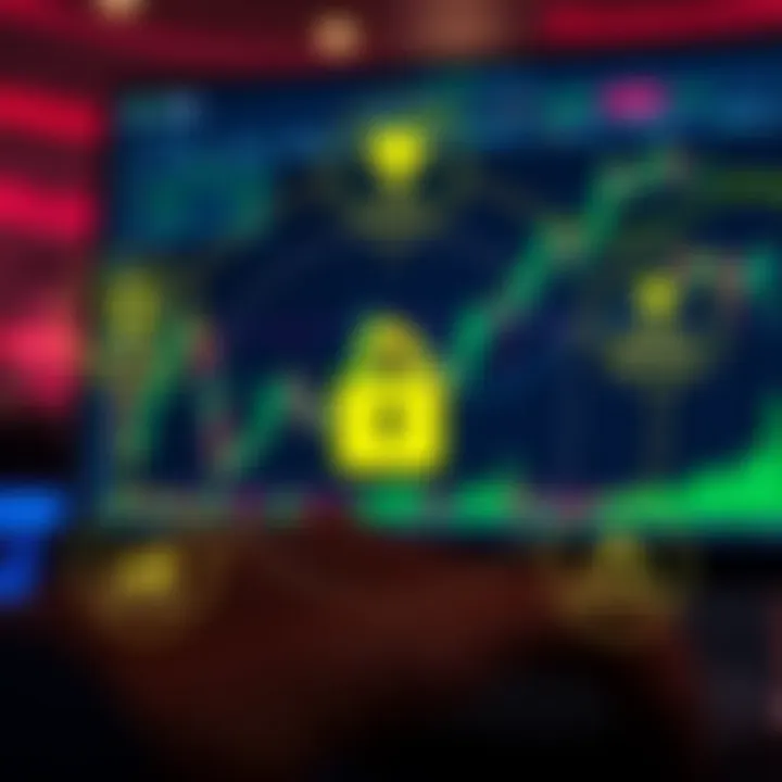 Graphic showing benefits and rewards icons surrounding a trading chart