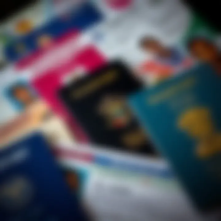Close-up of a variety of official identification cards including passports and driver licenses used for confirming trader identity