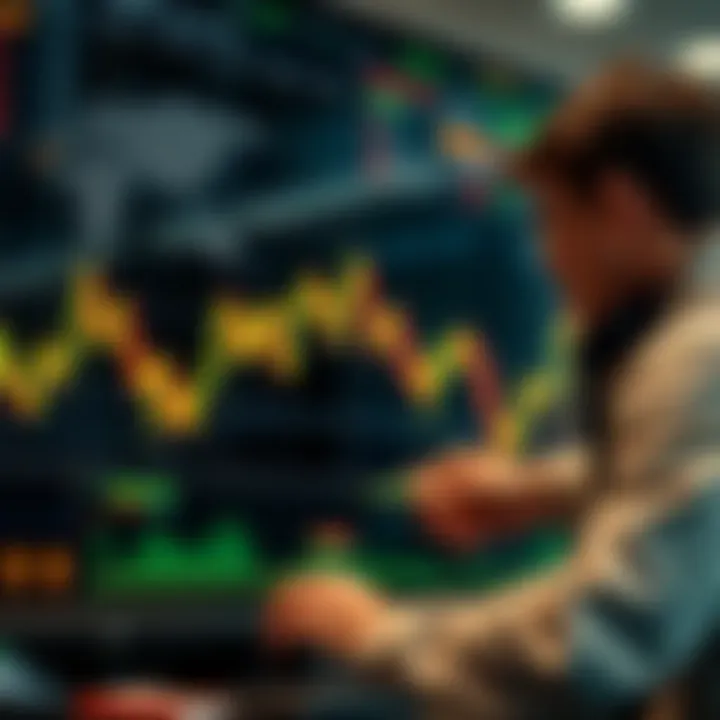 Graph showing stock market trends with upward growth and a trader analyzing data