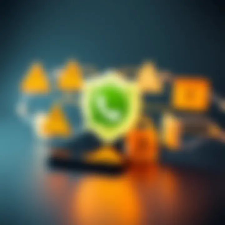 Visual Representation of Security Measures for Joining WhatsApp Groups Shield symbol representing online security with caution signs and encrypted data flow around a smartphone