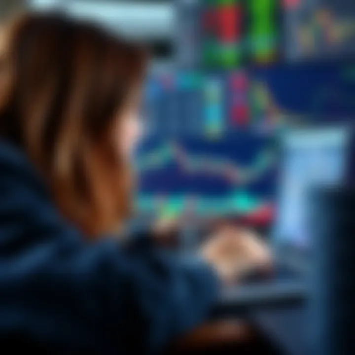 Female forex trader analyzing charts on a laptop with financial data on screen