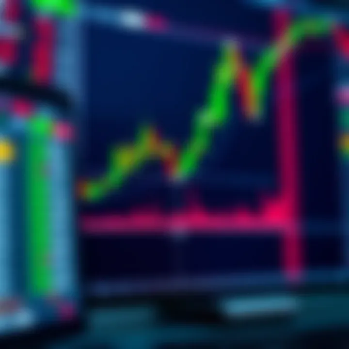Chart showing upward and downward trends in trading with digital interface