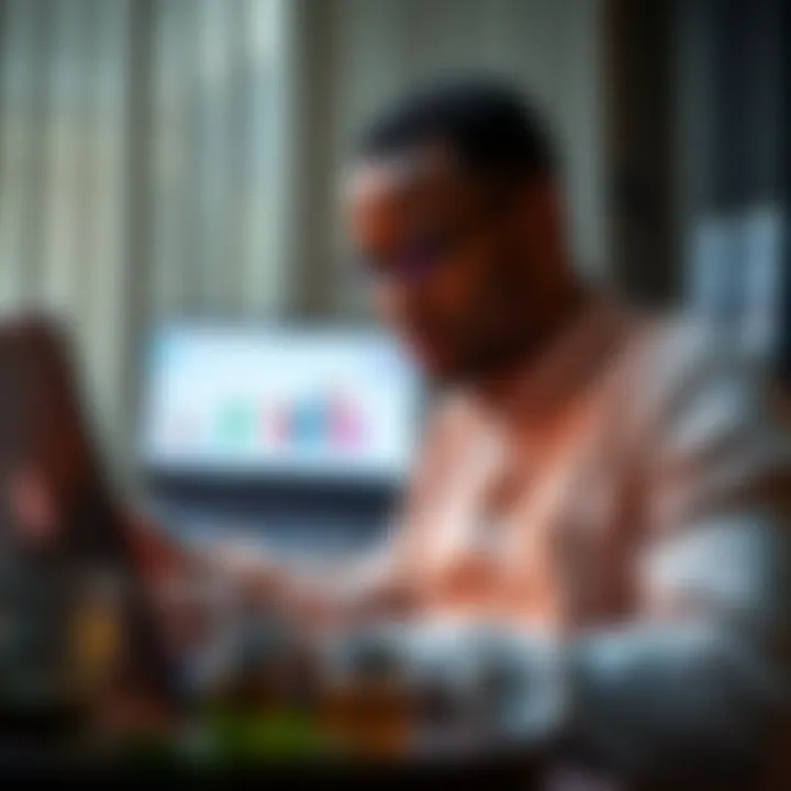 Illustration of a Nigerian investor analyzing market trends on a laptop with graphs and data insights