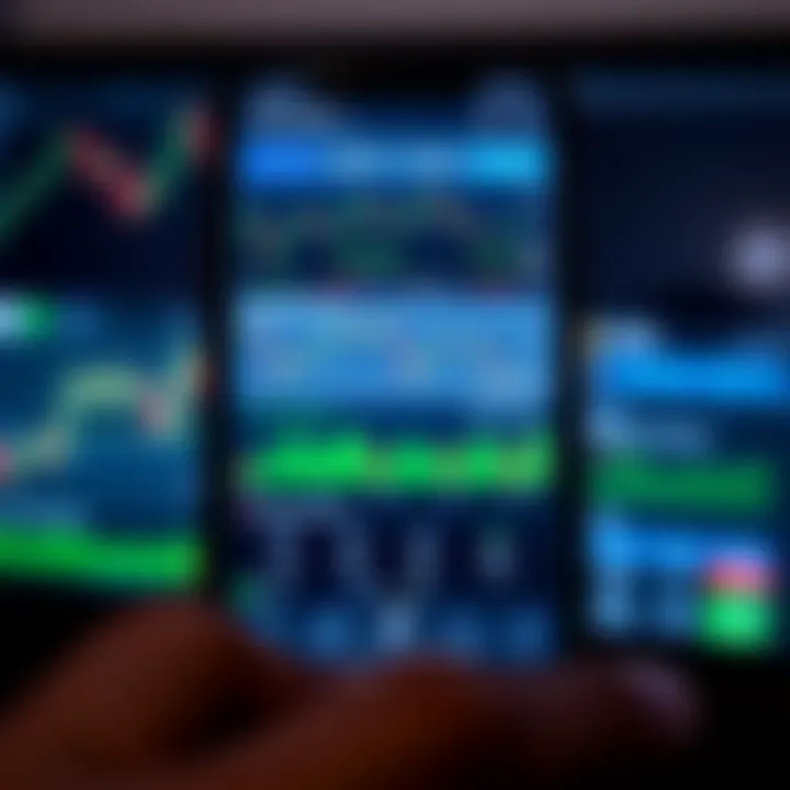 Mobile device displaying a trading app interface with charts and financial data