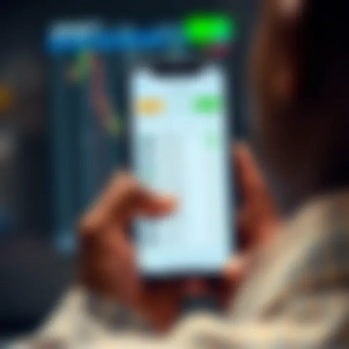 Navigating a Demo Trading Platform on a Mobile Device Person using a smartphone to navigate a demo trading platform with visible trading options