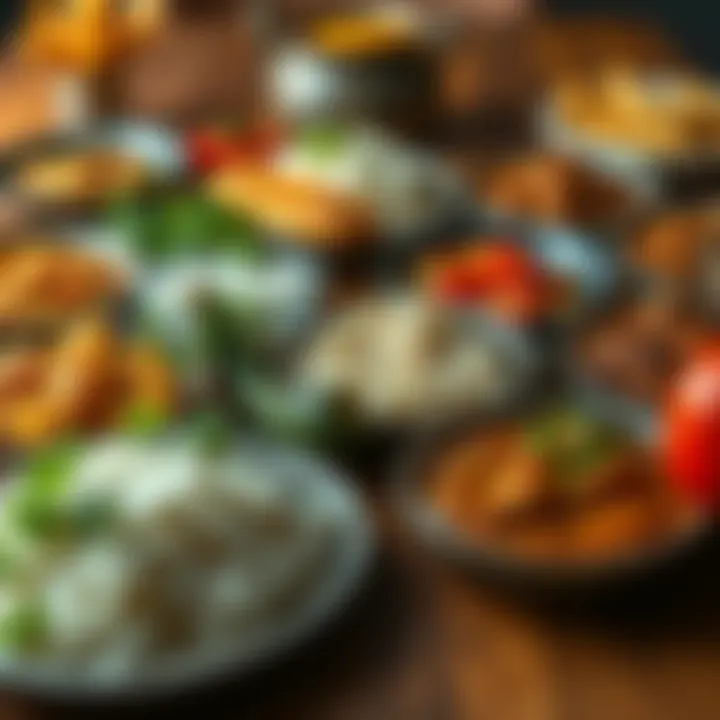 A vibrant spread of typical Nigerian daily combo meals with rice, stew, plantains, and salad on a wooden table