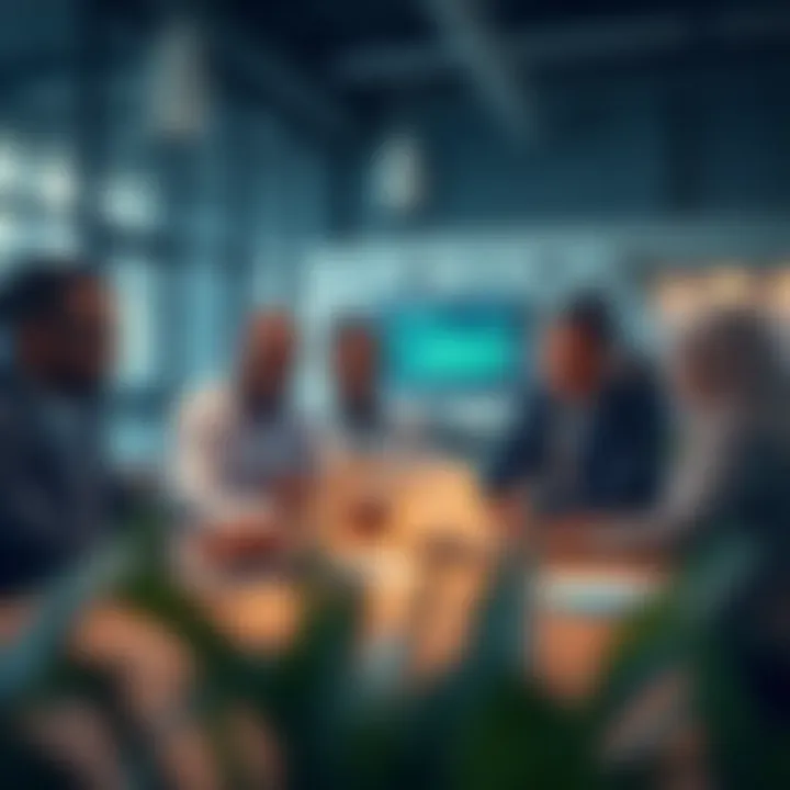 A group of business professionals discussing growth strategies in a modern office setting with laptops and charts