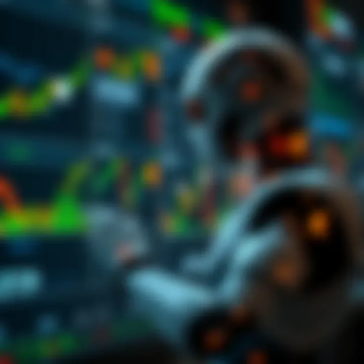 Conceptual illustration of a digital trading robot interacting with stock market charts and currency symbols on a virtual screen