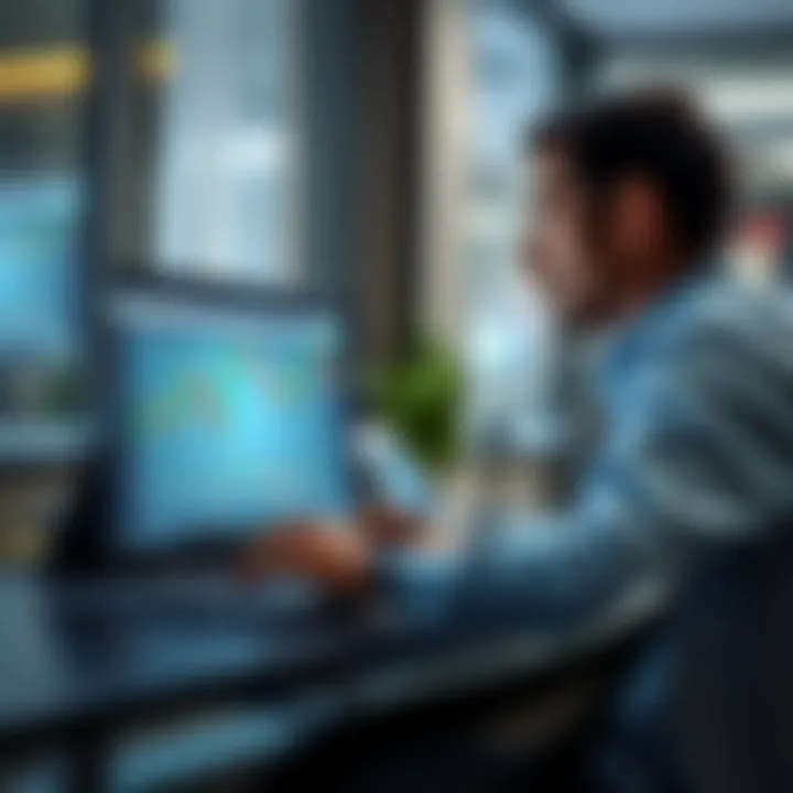 Illustration of a trader using a laptop with financial charts displayed on screen