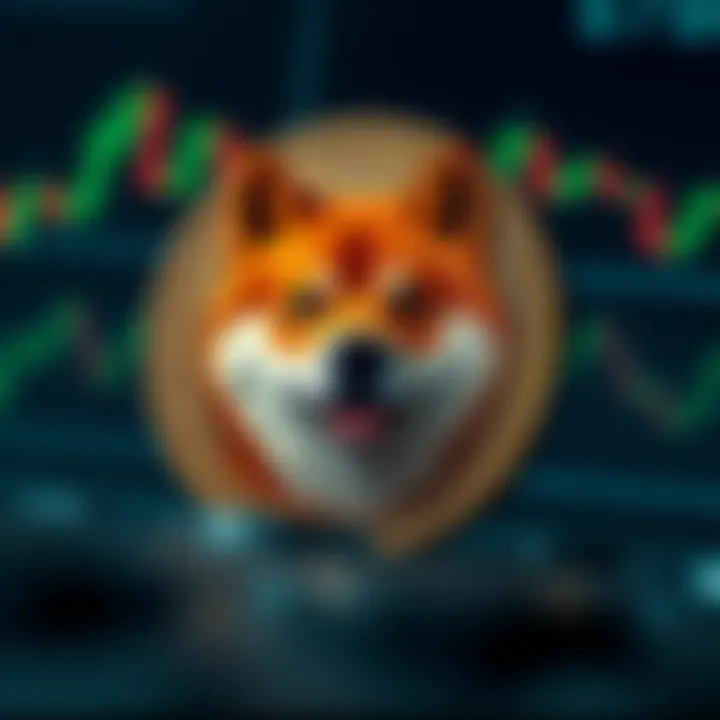 Digital representation of Shiba Inu coin with market trend lines in the background