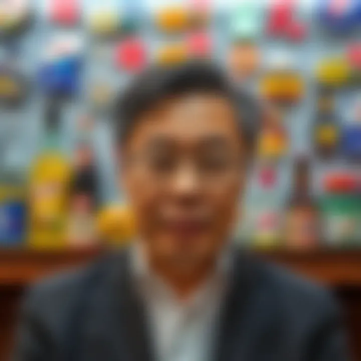 Portrait of Zhong Shanshan with a backdrop of beverage and pharmaceutical icons