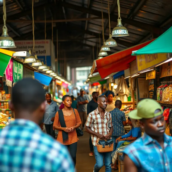 Vibrant urban market scene in Nigeria showcasing diverse stalls and traders engaging with customers