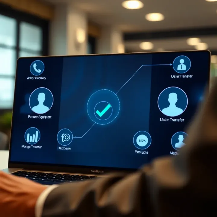 Secure online transaction with money transfer and user satisfaction icons