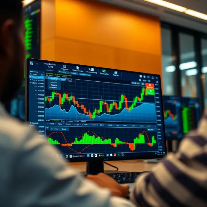 A digital trading platform interface displaying binary options charts and market indicators