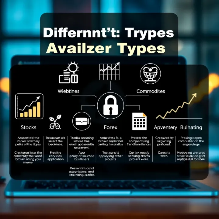 Illustration showing various broker types with icons representing stocks, forex, and commodities
