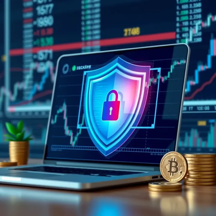 Secure Online Trading with Protection and Digital Currency Icons Secure online trading concept with shield symbol and digital currency icons