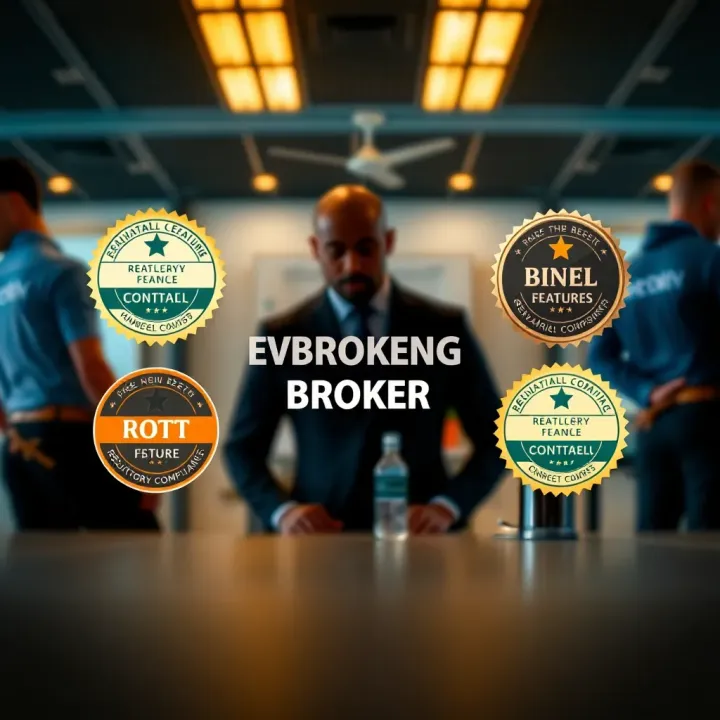 Conceptual graphic showing evaluation of broker features and regulatory compliance badges