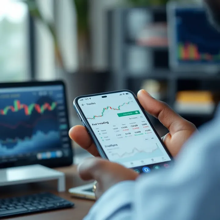 Mobile phone displaying popular online trading app interface with charts and investment options