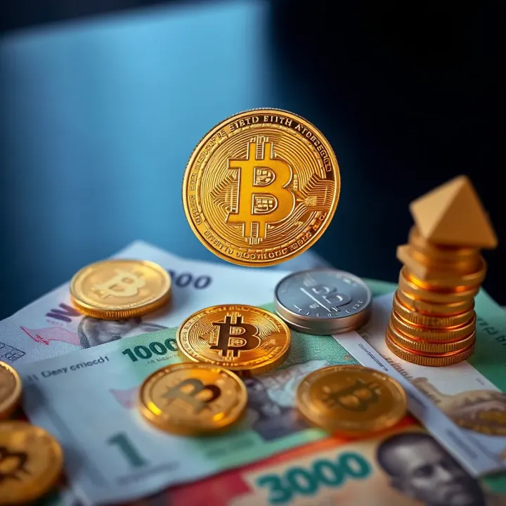 Cryptocurrency symbols floating over Nigerian currency representing digital asset growth