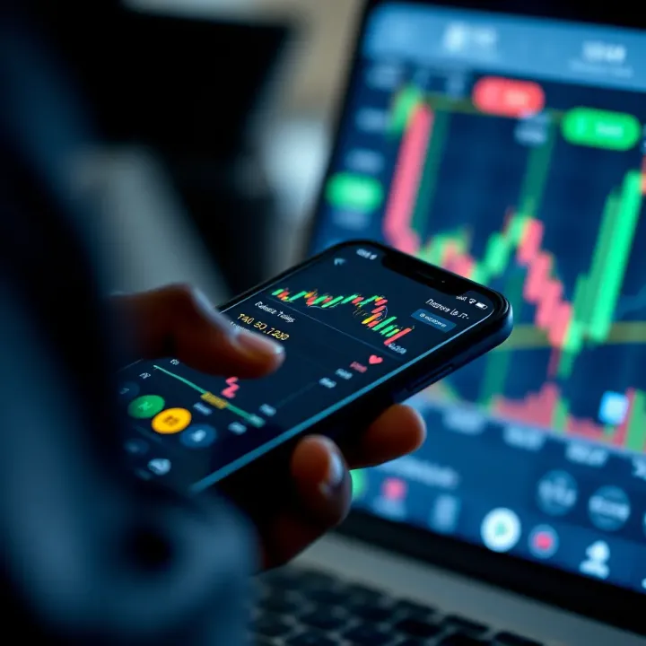 Mobile device showcasing the Deriv app interface with trading charts and user options