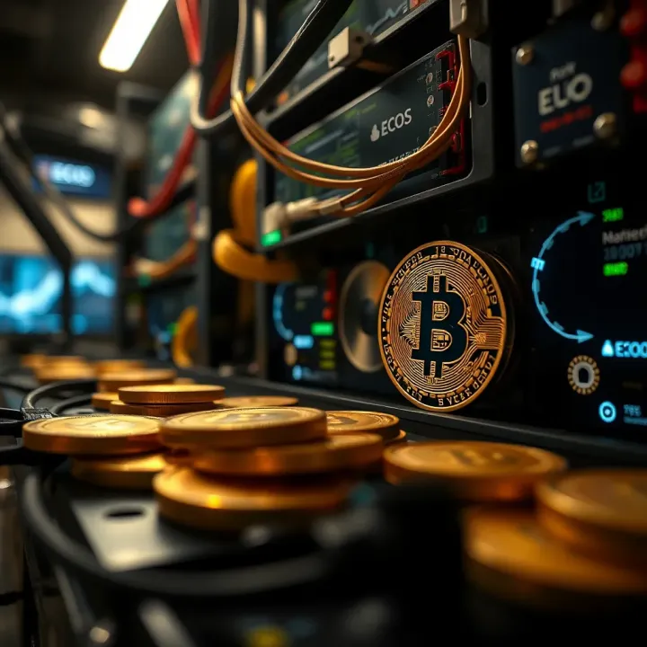 Representation of cryptocurrency mining operations with digital coins and network connections
