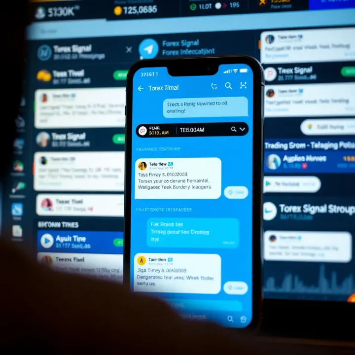 Telegram app interface displaying various forex signal groups and chat messages with trading recommendations