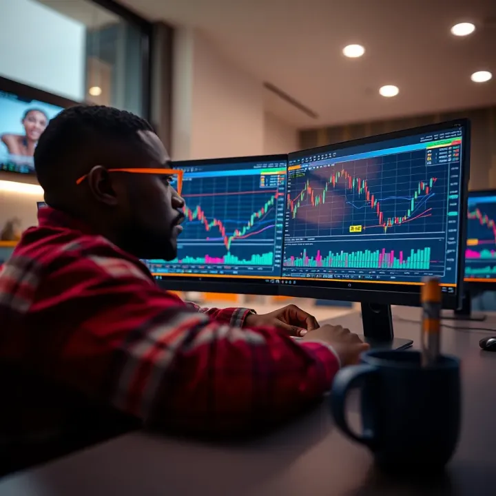 A Nigerian trader analyzing forex charts on a computer screen with currency symbols visible