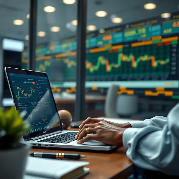 Nigerian Trader Accessing Capital Through Funded Trading Plus Illustration of a Nigerian trader analyzing financial charts on a laptop with local market data visible