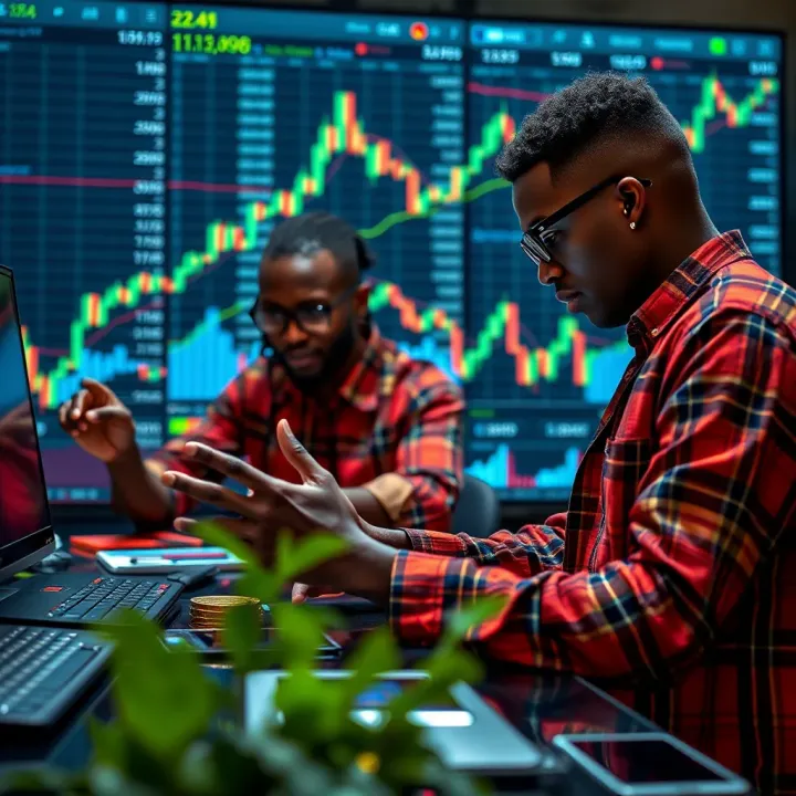 Visual representation of Nigerian investors engaging with cryptocurrency charts highlighting market volatility and long-term gains