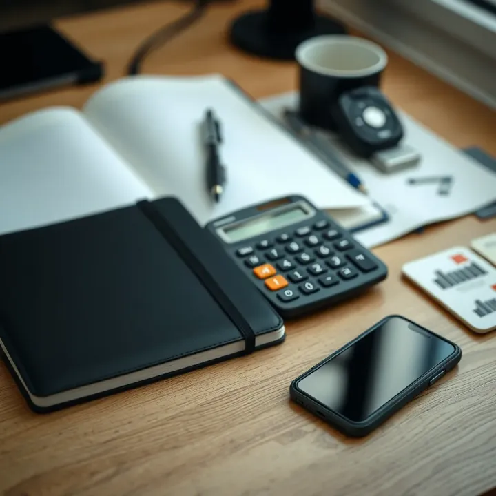 Desk setup featuring notebook, calculator, and smartphone illustrating side hustles and skill maximization