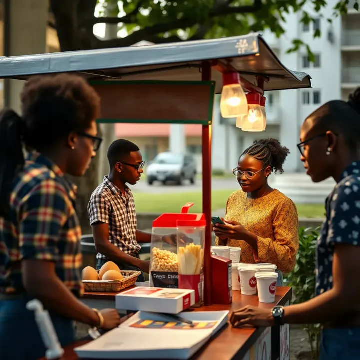 Small campus business stall selling snacks and drinks with students engaging