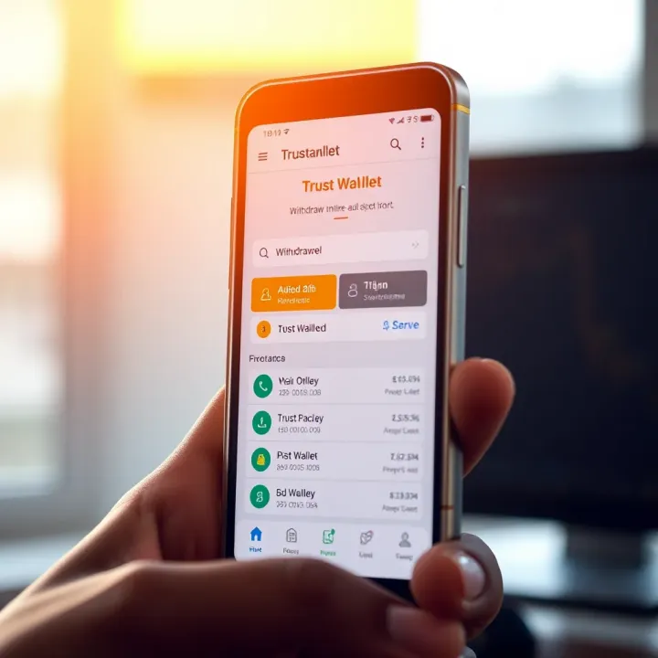 Mobile phone displaying Trust Wallet app with withdrawal options on screen