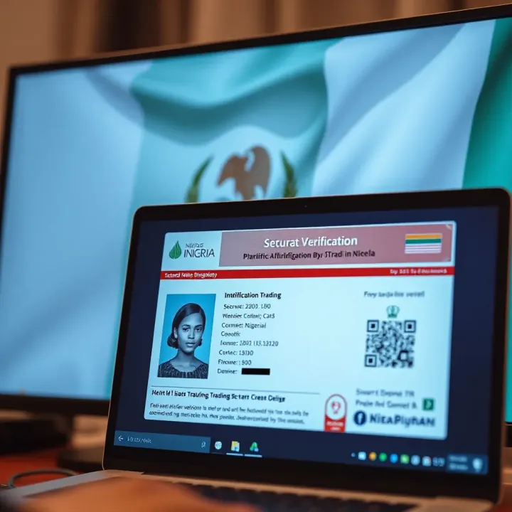 Secure digital verification of identification documents on a computer screen with a Nigerian flag in the background