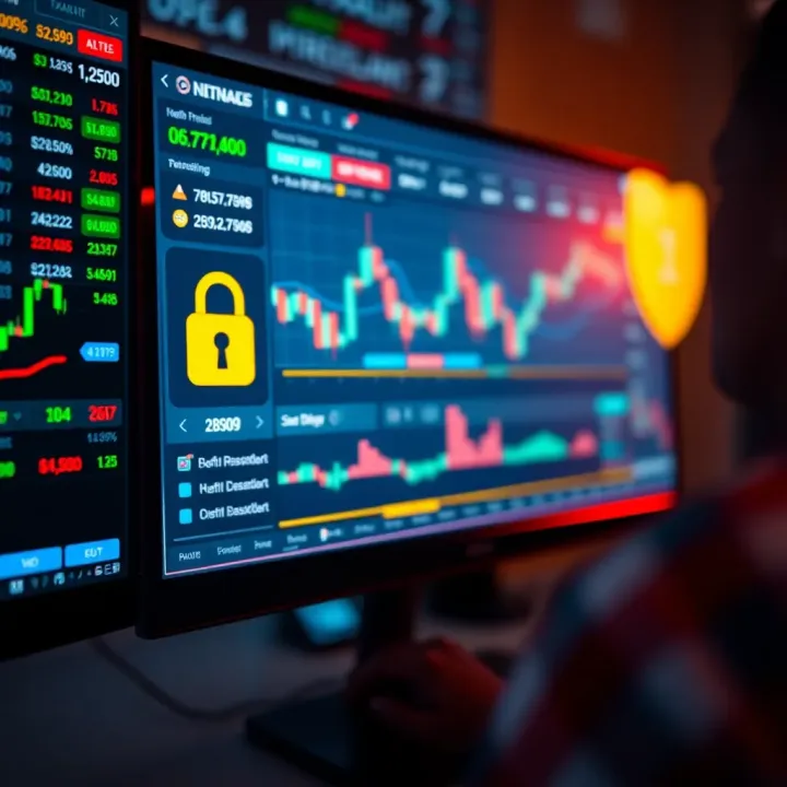 Secure online trading platform interface displaying charts and security icons