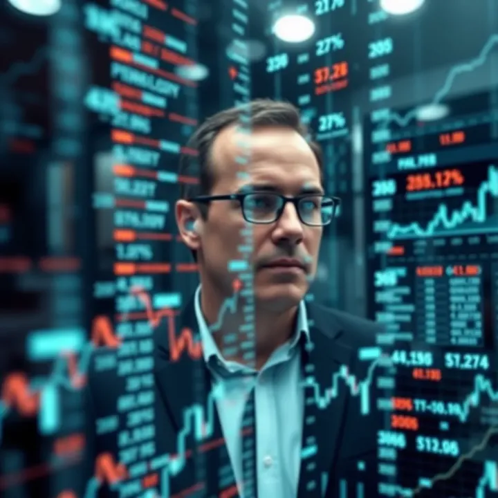Abstract representation of technology and finance integration with digital data streams and stock market symbols