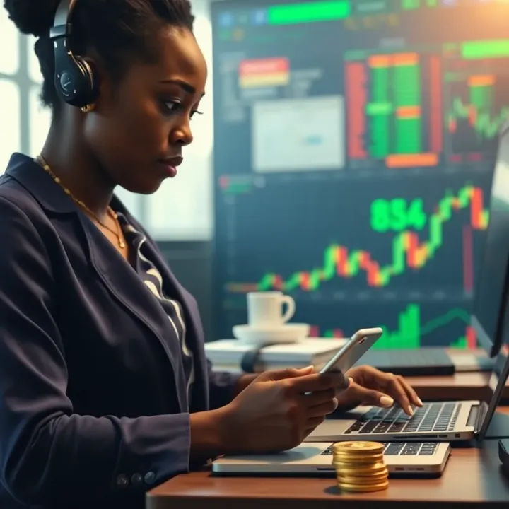 Female bitcoin trader analyzing cryptocurrency market trends on digital devices