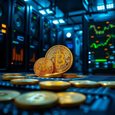 Bitcoin Mining and Cryptocurrency Servers Visualization Digital representation of bitcoin mining with computer servers and cryptocurrency symbols