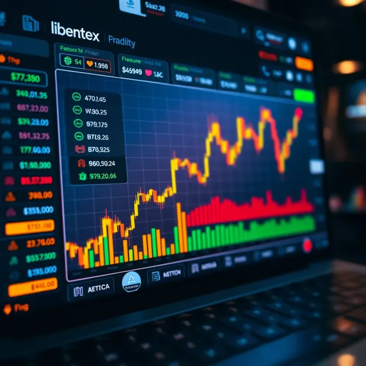 Graphical illustration of Libertex platform interface showing cryptocurrency trading options
