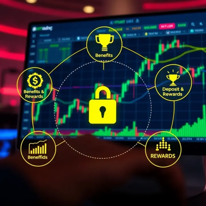 Advantages and Rewards of MTrading No Deposit Bonus for Traders Graphic showing benefits and rewards icons surrounding a trading chart