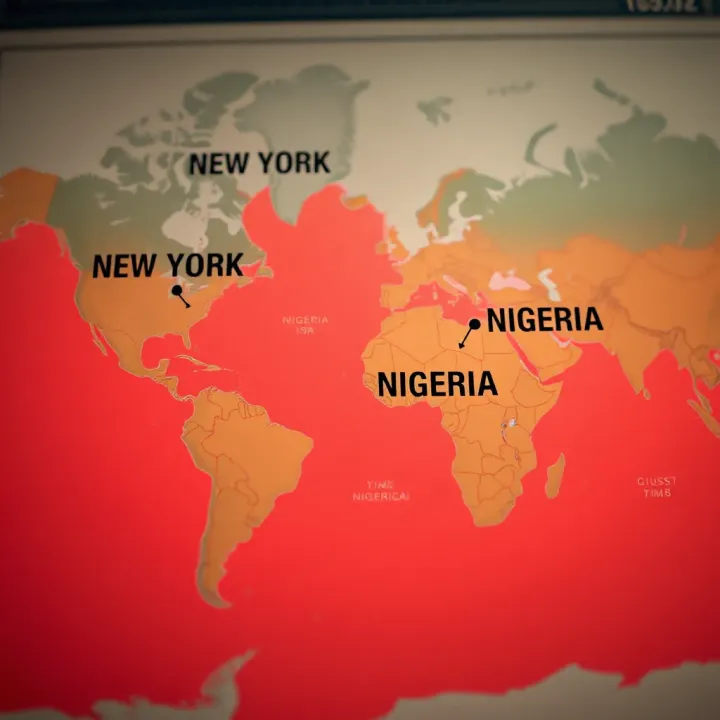 A world map highlighting the New York time zone and Nigeria's location illustrating time difference for forex trading