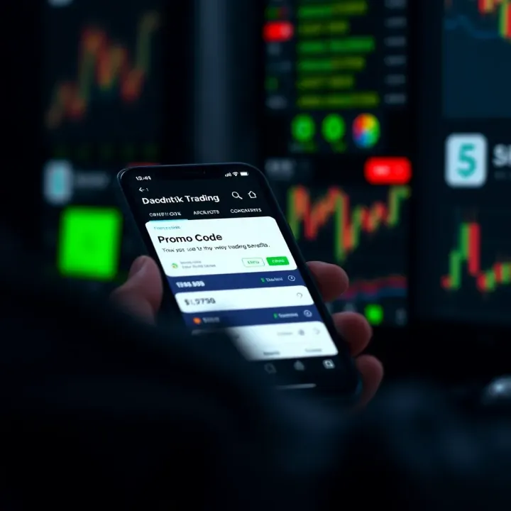 Illustration showing a smartphone screen displaying a promo code and trading app interface